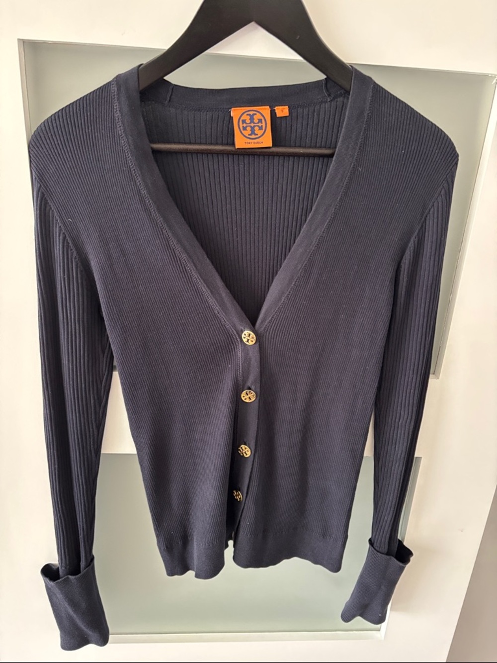Tory Burch Navy Ribbed V-Neck Button Cardigan
